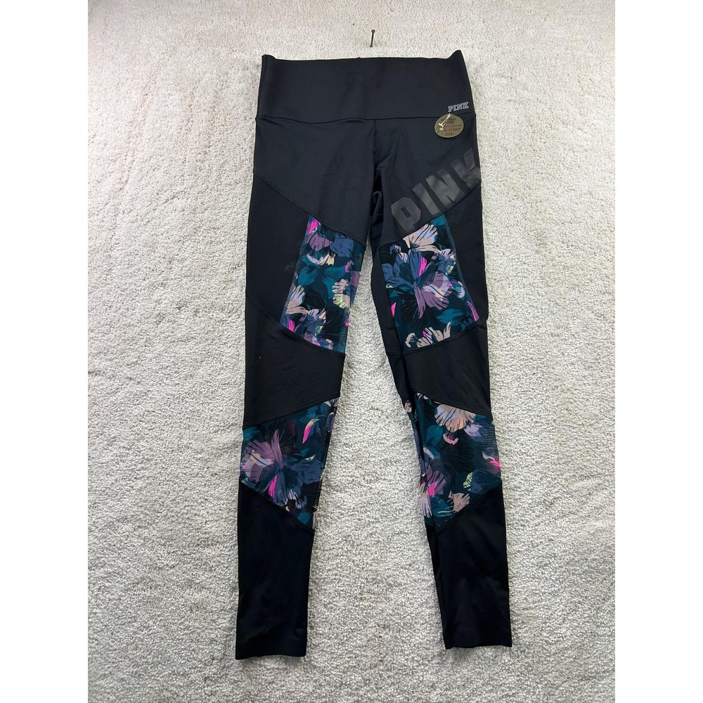 Victoria's Secret PINK Leggings Womens Small Black Floral High Waist Bonded Gym